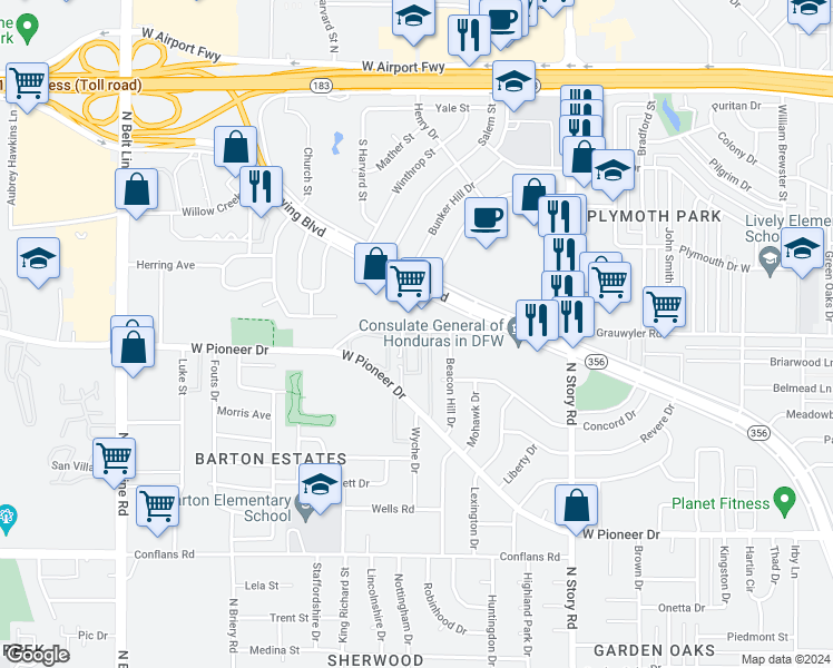 map of restaurants, bars, coffee shops, grocery stores, and more near 2654 West Grauwyler Road in Irving