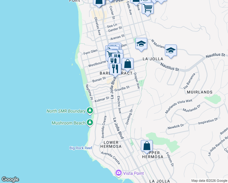 map of restaurants, bars, coffee shops, grocery stores, and more near 463-65 Gravilla Place in San Diego