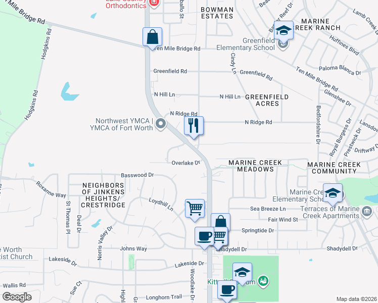 map of restaurants, bars, coffee shops, grocery stores, and more near 5236 Hill Ridge Drive in Fort Worth