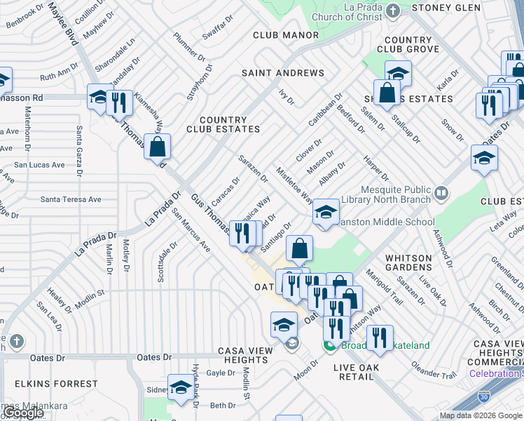 map of restaurants, bars, coffee shops, grocery stores, and more near 3322 Jamaica Way in Mesquite