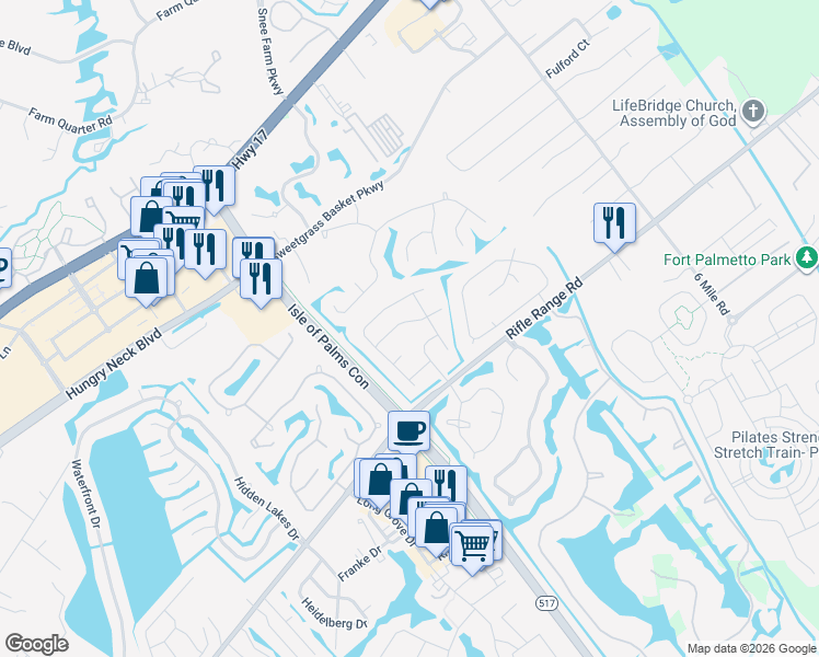 map of restaurants, bars, coffee shops, grocery stores, and more near 1324 Cadence Drive in Mount Pleasant