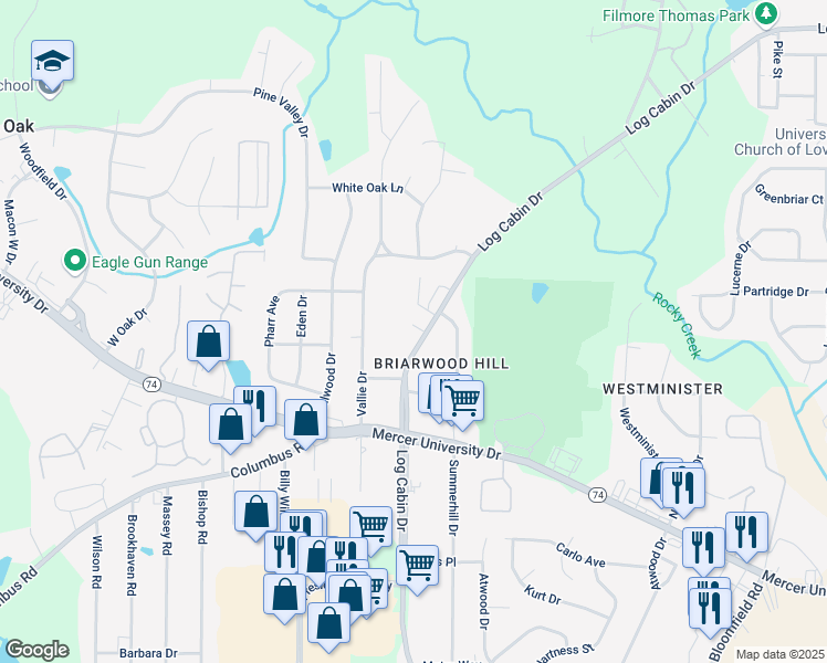 map of restaurants, bars, coffee shops, grocery stores, and more near 4179 Log Cabin Drive in Macon