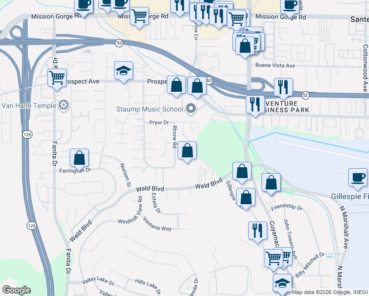 map of restaurants, bars, coffee shops, grocery stores, and more near 9506 Paseo De Los Castillos in Santee