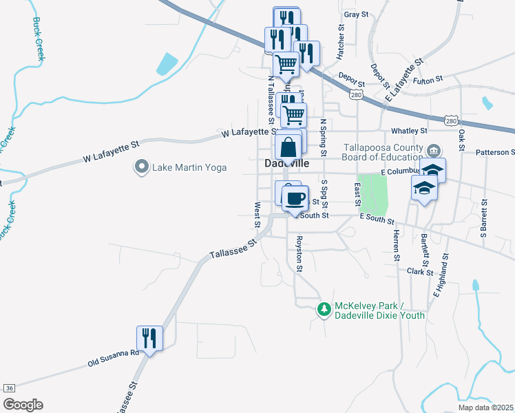 map of restaurants, bars, coffee shops, grocery stores, and more near 178 West Street in Dadeville