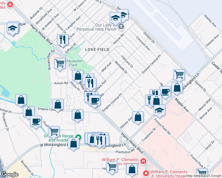 map of restaurants, bars, coffee shops, grocery stores, and more near 2122 Shea Road in Dallas