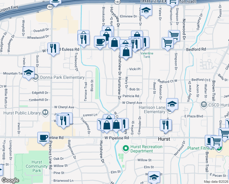 map of restaurants, bars, coffee shops, grocery stores, and more near 1116 Karla Drive in Hurst