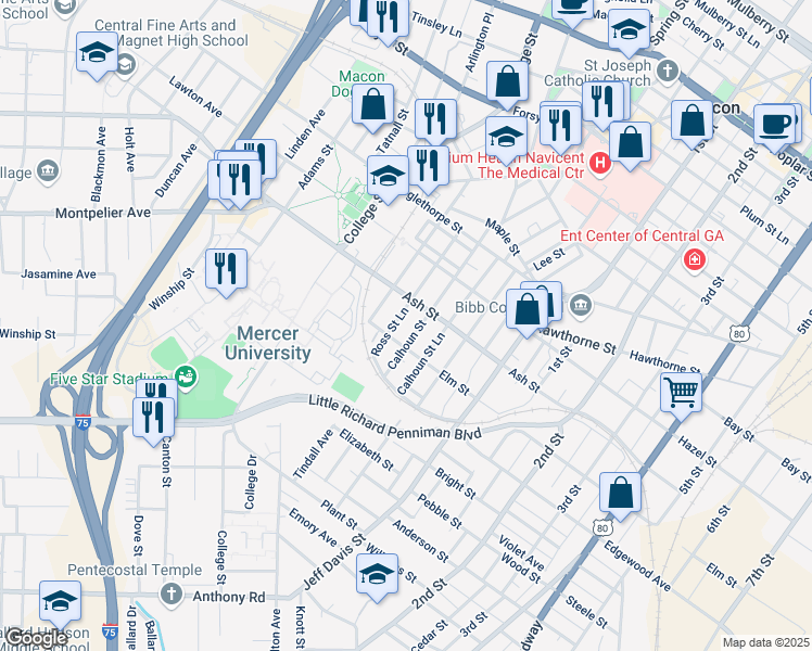 map of restaurants, bars, coffee shops, grocery stores, and more near 1355 Calhoun Street in Macon
