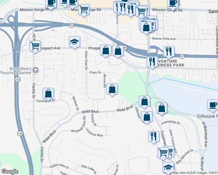 map of restaurants, bars, coffee shops, grocery stores, and more near 9504 Paseo De Los Castillos in Santee
