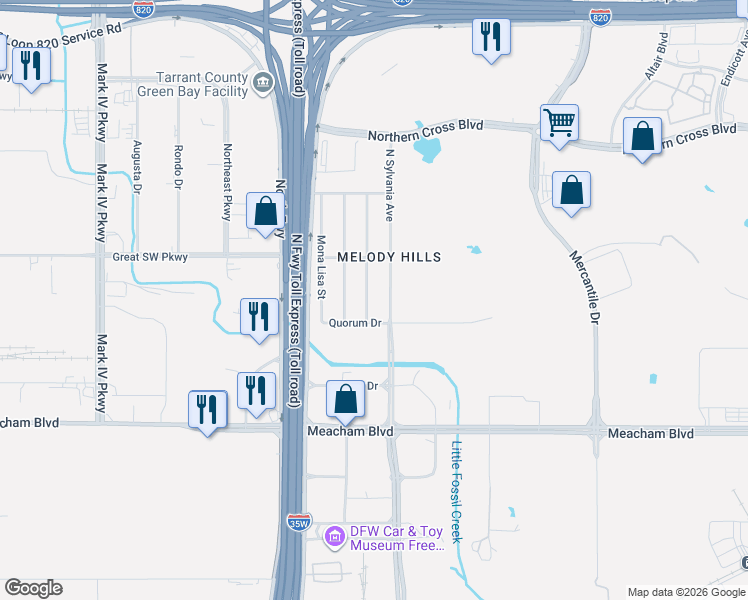 map of restaurants, bars, coffee shops, grocery stores, and more near 4820 Melody Lane in Fort Worth