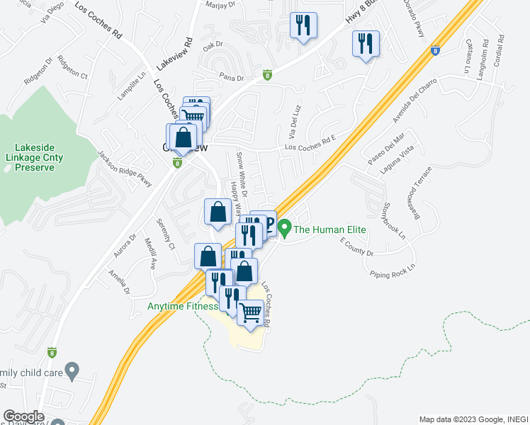 map of restaurants, bars, coffee shops, grocery stores, and more near 8502 Calle De Buena Fe in El Cajon