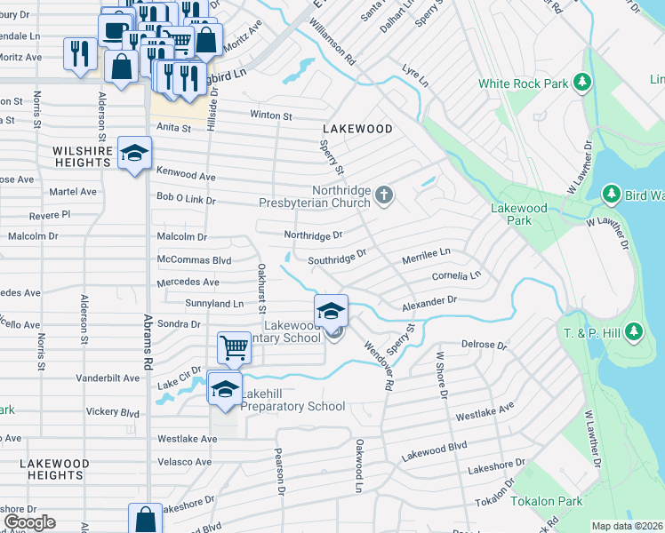 map of restaurants, bars, coffee shops, grocery stores, and more near 6814 Southridge Drive in Dallas