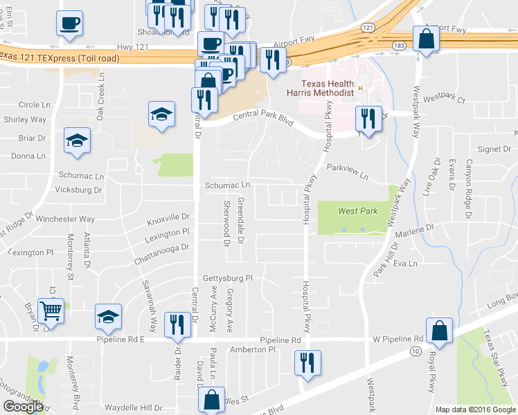 map of restaurants, bars, coffee shops, grocery stores, and more near 1120 Highpoint Road in Bedford