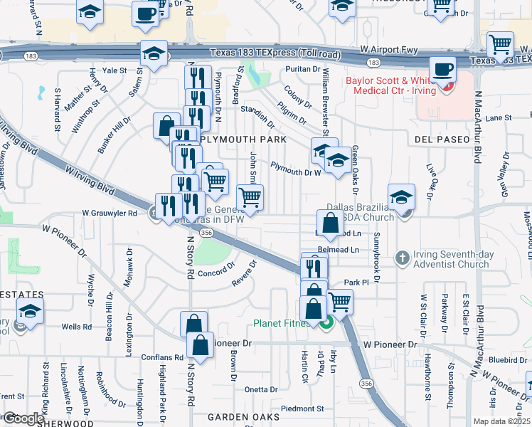 map of restaurants, bars, coffee shops, grocery stores, and more near 1939 West Grauwyler Road in Irving