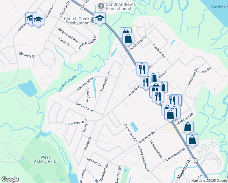 map of restaurants, bars, coffee shops, grocery stores, and more near 1925 Old Parsonage Road in Charleston