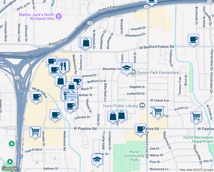 map of restaurants, bars, coffee shops, grocery stores, and more near 1104 Billie Ruth Lane in Hurst