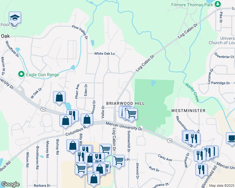map of restaurants, bars, coffee shops, grocery stores, and more near 4178 Log Cabin Drive in Macon