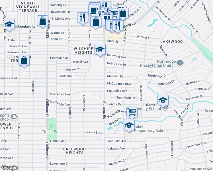 map of restaurants, bars, coffee shops, grocery stores, and more near 6366 McCommas Boulevard in Dallas