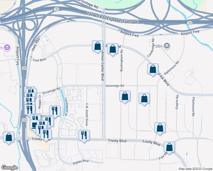 map of restaurants, bars, coffee shops, grocery stores, and more near 14500 Sovereign Road in Fort Worth