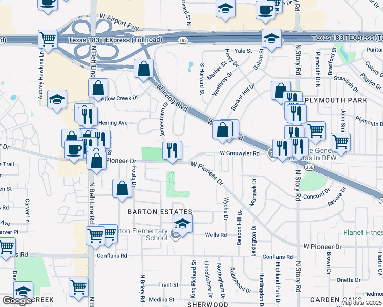 map of restaurants, bars, coffee shops, grocery stores, and more near 2835 West Grauwyler Road in Irving