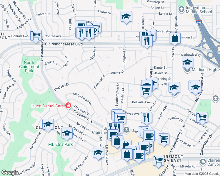 map of restaurants, bars, coffee shops, grocery stores, and more near 4651 Almayo Avenue in San Diego