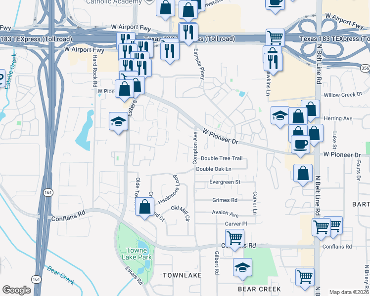 map of restaurants, bars, coffee shops, grocery stores, and more near 4106 Stagecoach Trail in Irving