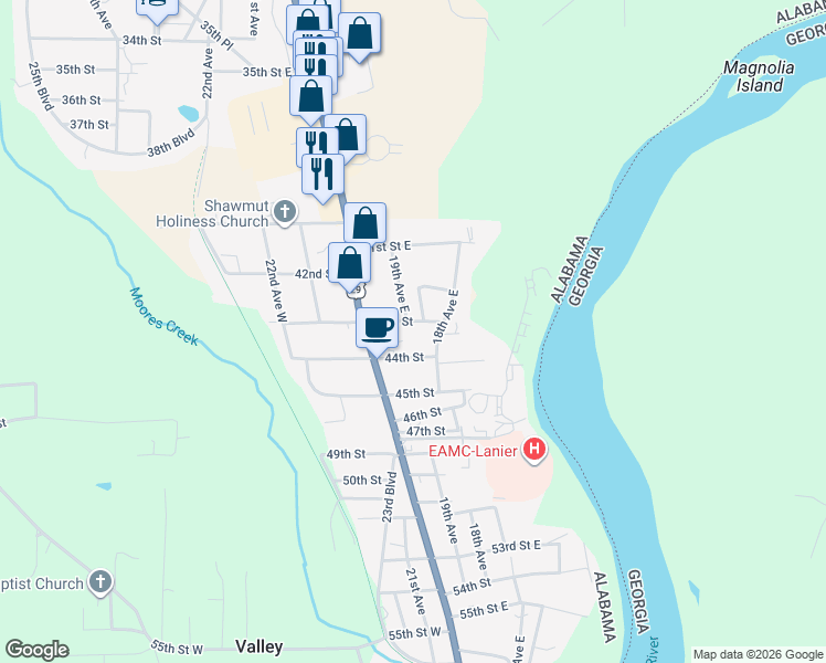map of restaurants, bars, coffee shops, grocery stores, and more near 1802 43rd Street in Valley