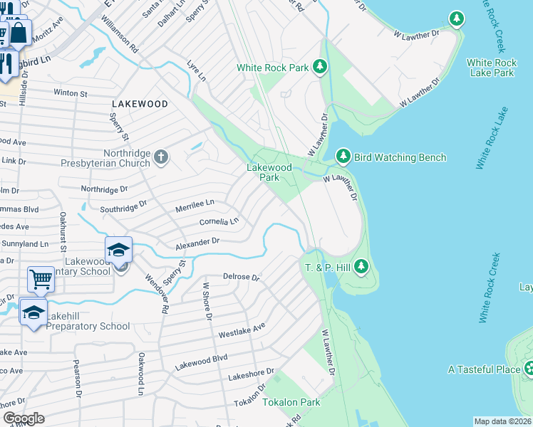 map of restaurants, bars, coffee shops, grocery stores, and more near 7230 Alexander Drive in Dallas