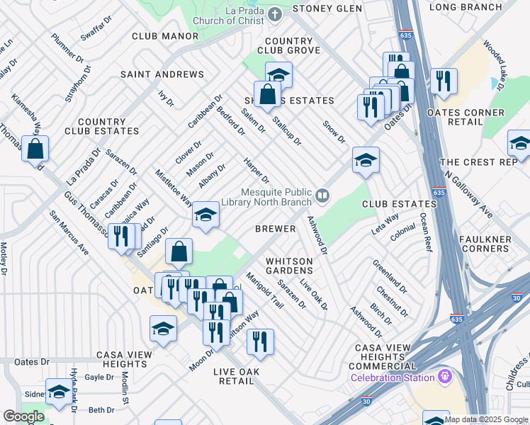 map of restaurants, bars, coffee shops, grocery stores, and more near 2821 Maple Dr in Mesquite