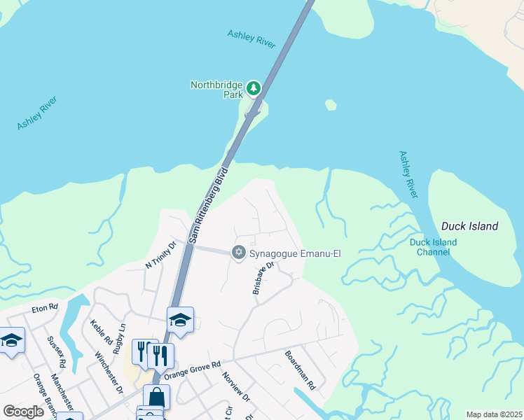 map of restaurants, bars, coffee shops, grocery stores, and more near 7 Leichester Road in Charleston