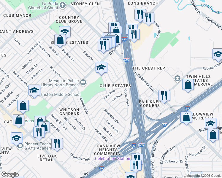 map of restaurants, bars, coffee shops, grocery stores, and more near 2329 Boca Raton in Mesquite