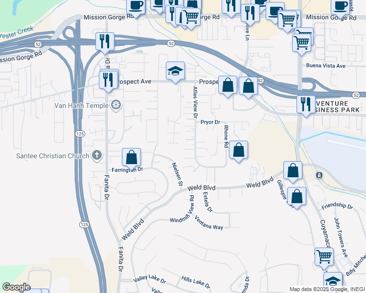 map of restaurants, bars, coffee shops, grocery stores, and more near 9354 Rigsby Drive in Santee
