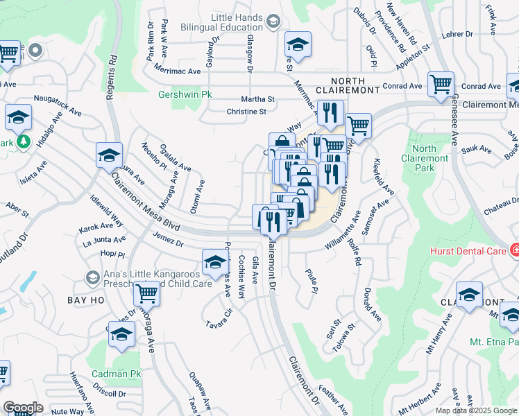 map of restaurants, bars, coffee shops, grocery stores, and more near 4621 Coconino Way in San Diego
