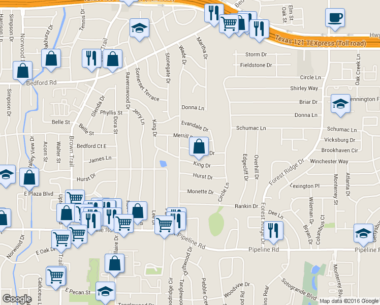 map of restaurants, bars, coffee shops, grocery stores, and more near 608 Annette Drive in Bedford