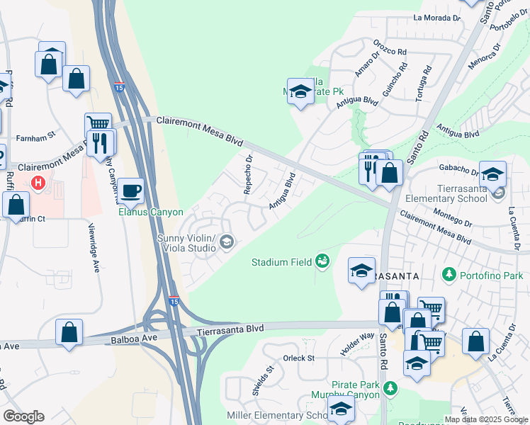map of restaurants, bars, coffee shops, grocery stores, and more near 5383 Rimview Way in San Diego