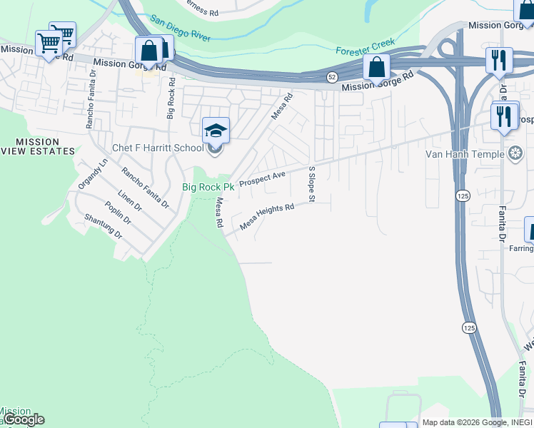 map of restaurants, bars, coffee shops, grocery stores, and more near 849 Mesa Ridge Road in Santee