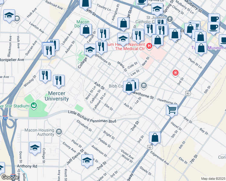 map of restaurants, bars, coffee shops, grocery stores, and more near 1277 Jackson Street in Macon