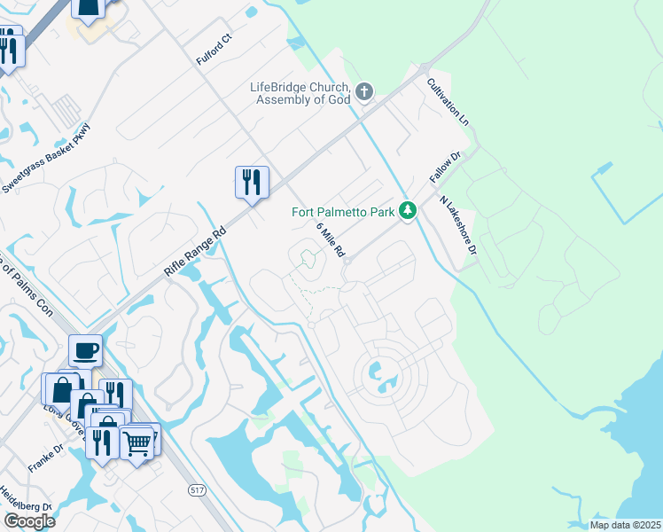 map of restaurants, bars, coffee shops, grocery stores, and more near 1488 Longspur Drive in Mount Pleasant