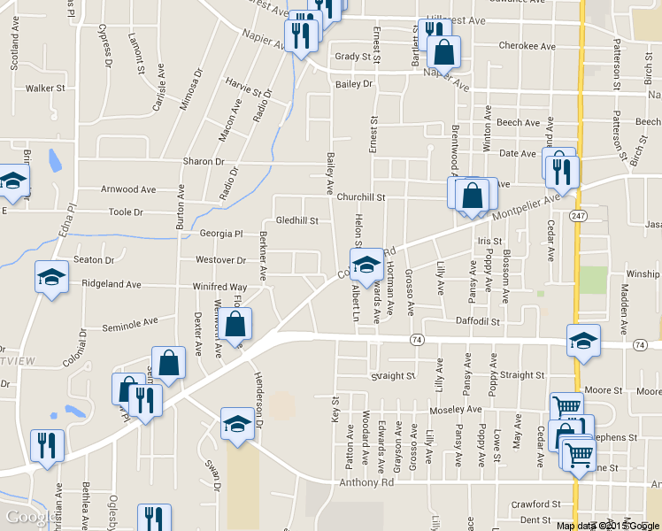 map of restaurants, bars, coffee shops, grocery stores, and more near 1487 Bailey Avenue in Macon