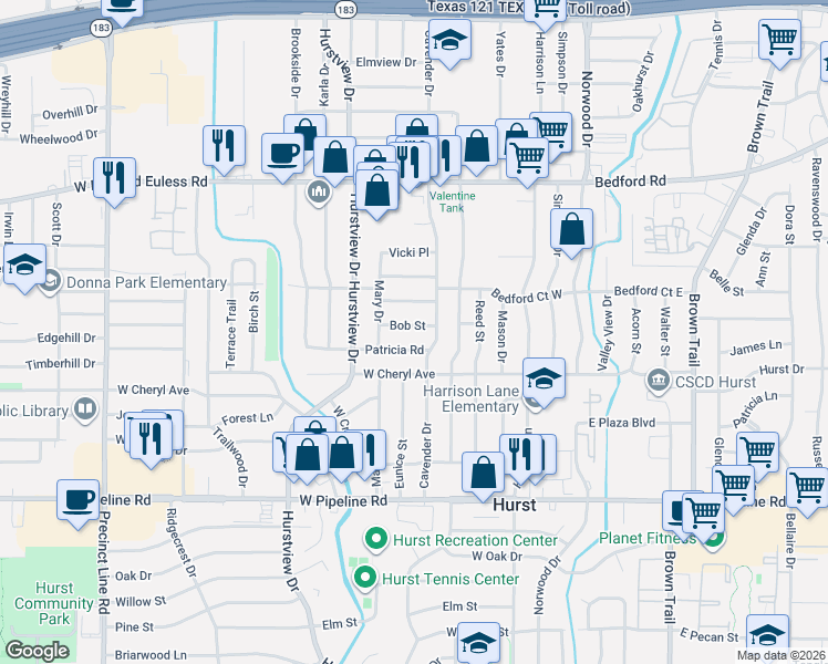 map of restaurants, bars, coffee shops, grocery stores, and more near 413 Bob St in Hurst