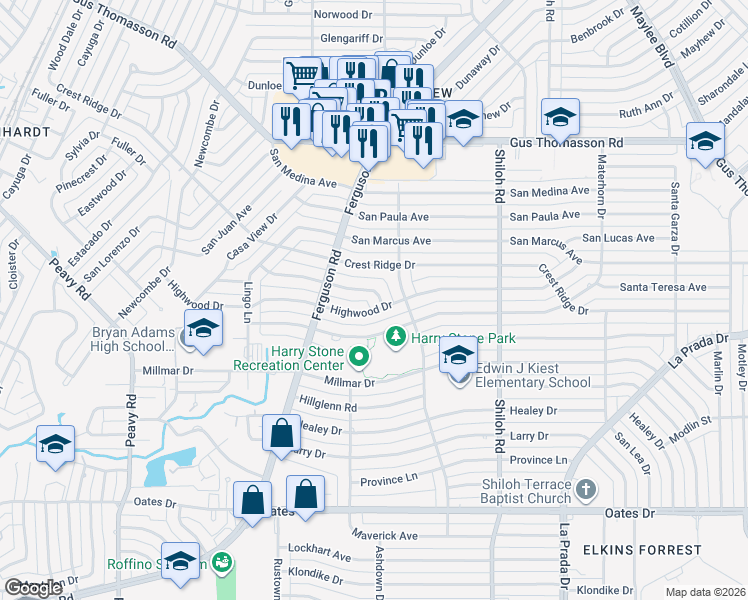 map of restaurants, bars, coffee shops, grocery stores, and more near 2464 Hartline Drive in Dallas