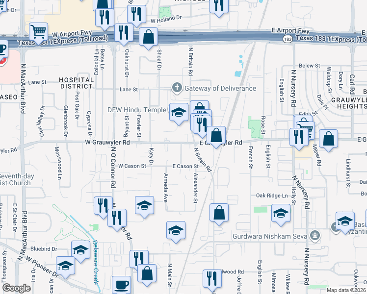map of restaurants, bars, coffee shops, grocery stores, and more near 208 East Grauwyler Road in Irving