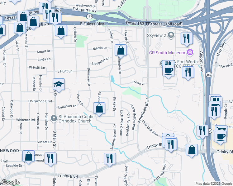 map of restaurants, bars, coffee shops, grocery stores, and more near 613 Dickey Drive in Euless