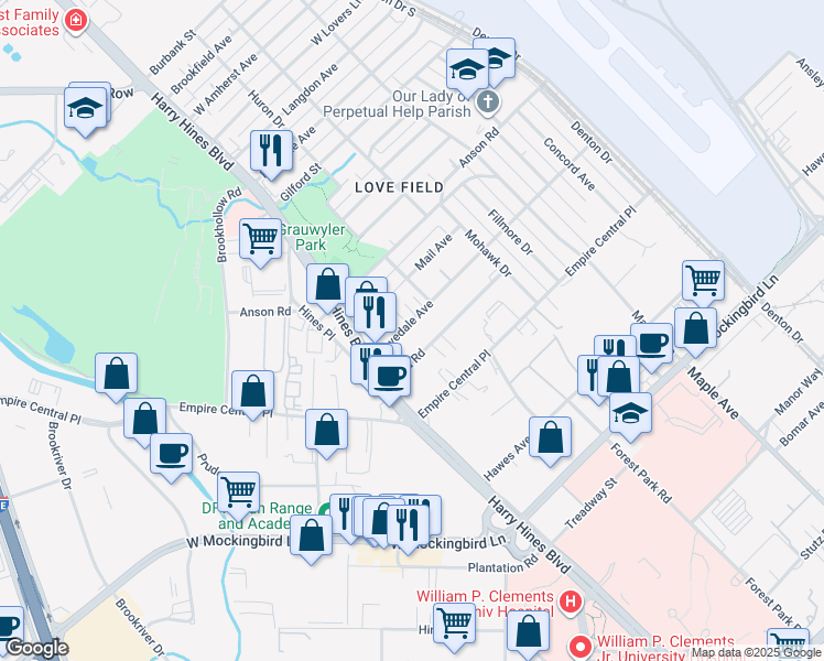 map of restaurants, bars, coffee shops, grocery stores, and more near 2142 Lovedale Avenue in Dallas