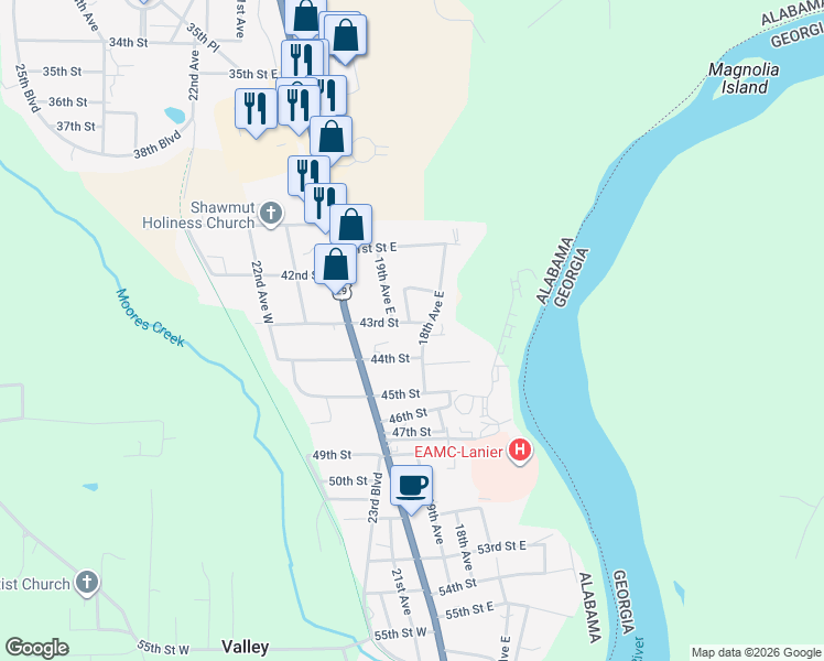 map of restaurants, bars, coffee shops, grocery stores, and more near 1802 43rd Street in Valley