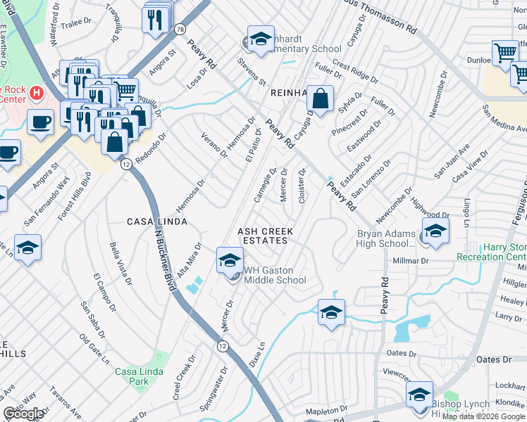 map of restaurants, bars, coffee shops, grocery stores, and more near 1631 McCosh Drive in Dallas