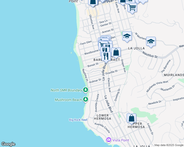 map of restaurants, bars, coffee shops, grocery stores, and more near 257 Playa Del Sur Street in San Diego