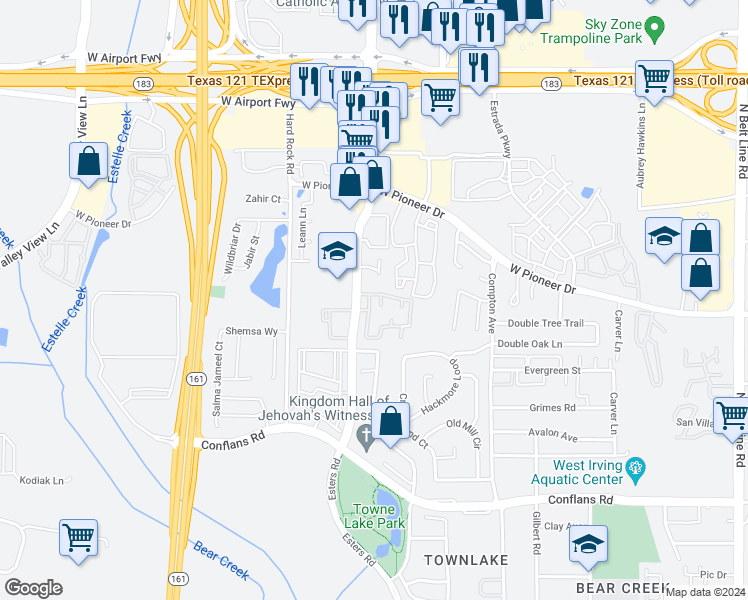 map of restaurants, bars, coffee shops, grocery stores, and more near 1442 Esters Road in Irving