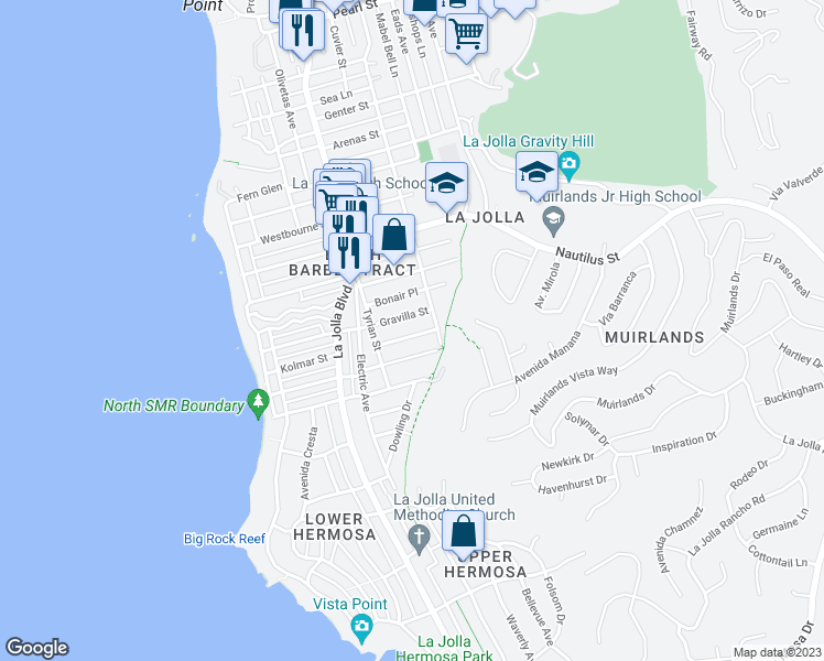 map of restaurants, bars, coffee shops, grocery stores, and more near 618 Gravilla Place in San Diego