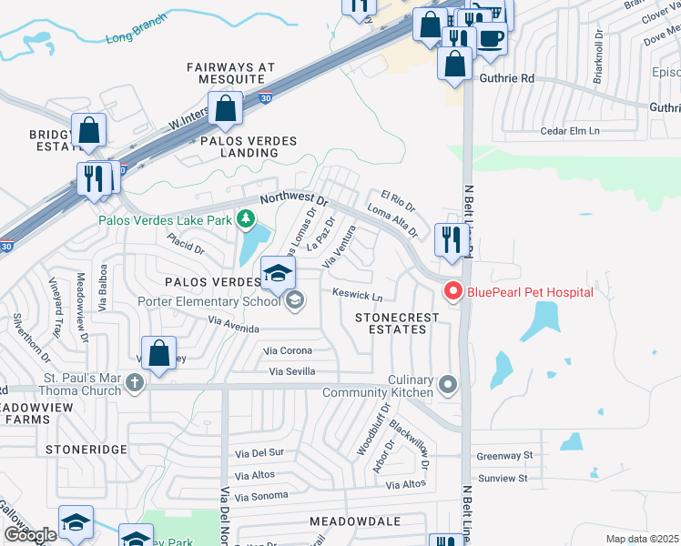 map of restaurants, bars, coffee shops, grocery stores, and more near 4824 Via Ventura in Mesquite