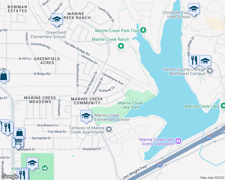 map of restaurants, bars, coffee shops, grocery stores, and more near 5333 Driftway Drive in Fort Worth